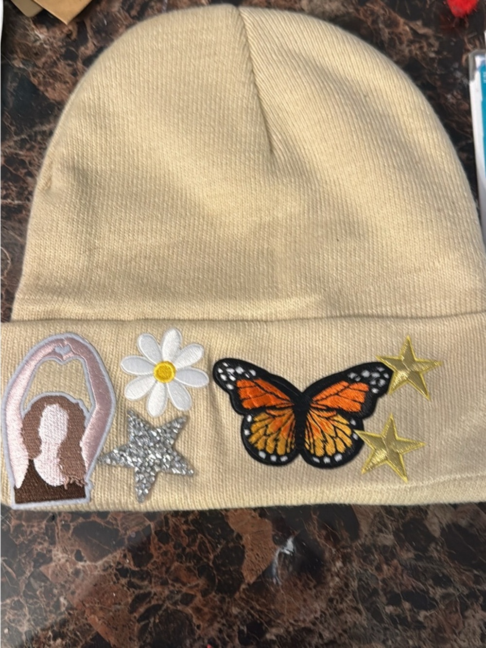 Beige Patch Beanie Hat with Butterfly & Daisy & Taylor Swift patches